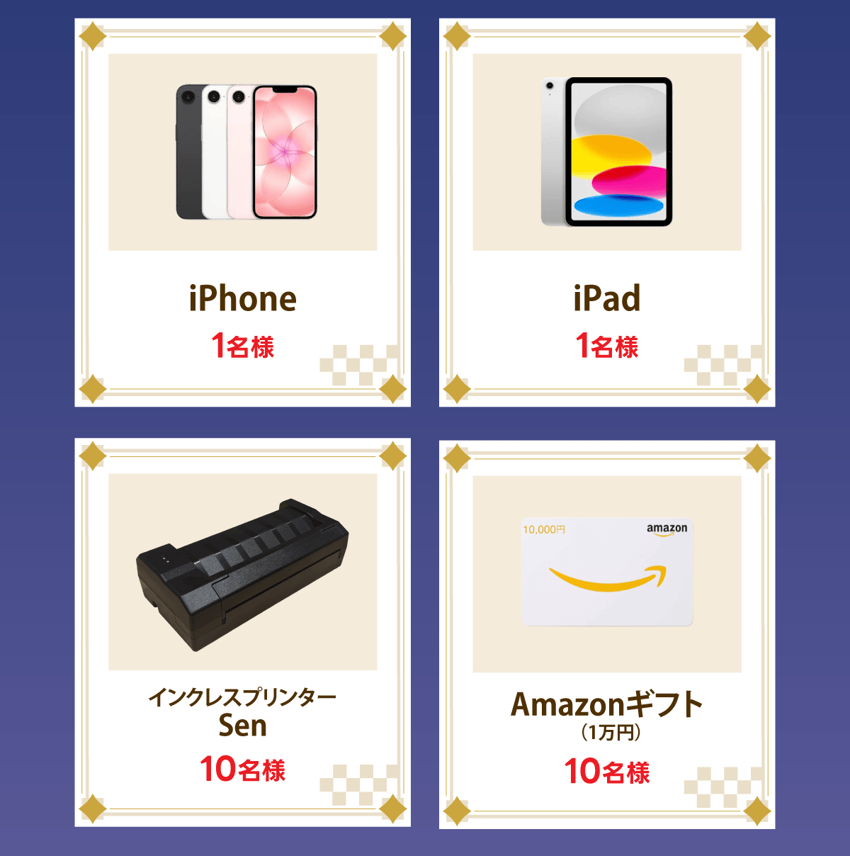 iPhone 1名様／iPad 1名様／インクレスプリンター Sen 10名様／Amazonギフト（1万円）10名様